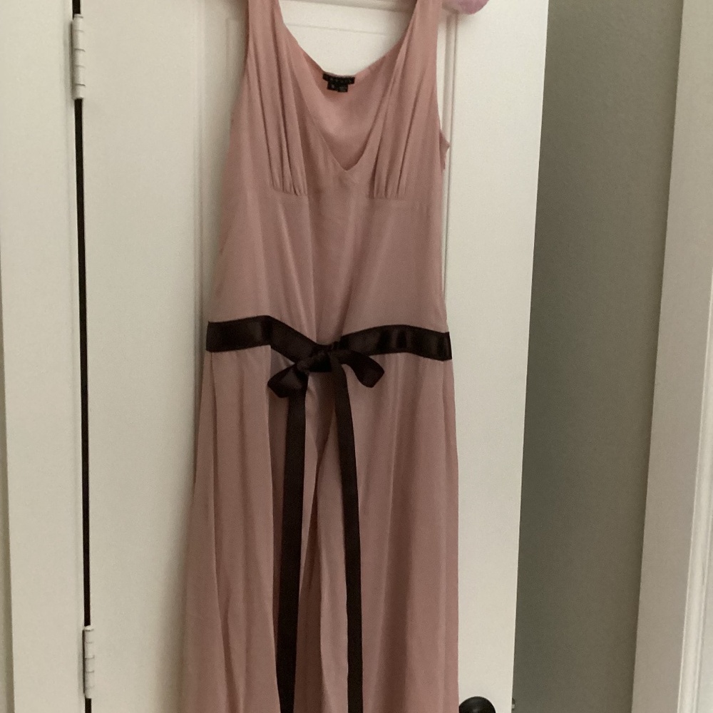 Theory Silk Slip Dress Size 6 Midi Pink Chiffon Silk With Chocolate Brown Sash
